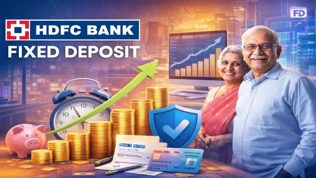 Ultra-wide HDR poster of HDFC Bank Fixed Deposit scheme showing senior couple, rising growth chart, gold coins, savings symbols, and secure investment concept.