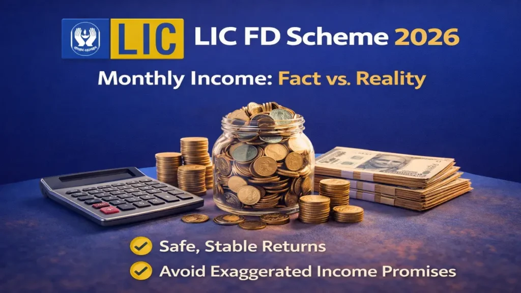 LIC FD Scheme 2026 safe investment featured image with LIC logo, fixed deposit concept, Indian currency and financial planning