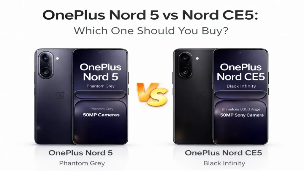 HDR+ glossy comparison image showing OnePlus Nord 5 and OnePlus Nord CE5 side by side with clean white background for Google Discover.