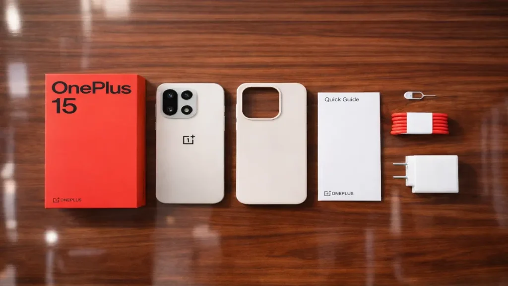 OnePlus-15 box contants including phone, case, charger and cable arranged on shiney brown table.