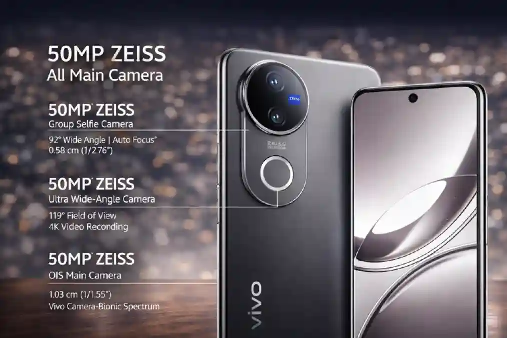 Vivo V50 5G featuring 50MP ZEISS main camera, ultra wide angle setup, HDR glossy finish in Titanium Grey