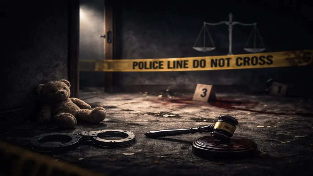 Dark crime scene illustration with police tape, handcuffs, justice scale and a teddy bear symbolizing a serious crime case.
